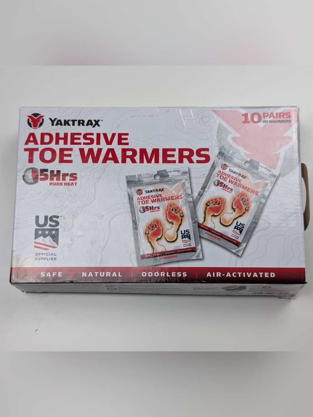 Yaktrax Adhesive Toe Warmers 10 Pairs 20 Warmers Air-Activated 5 Hour Heat Box